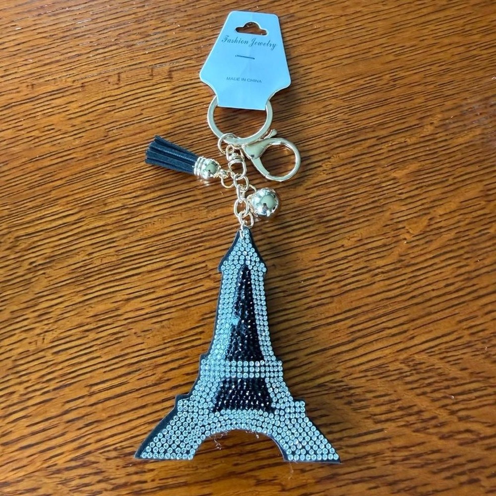 Black & silver rhinestone Eiffel Tower keychain purse bag accessory